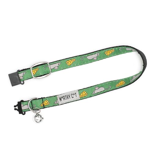 THE WORTHY DOG Mouse and Cheese Cat Collar with Bell, Adjustable Nylon Safety Collar, Green, One Size - color: Green-Mouse and Cheese