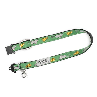 THE WORTHY DOG Mouse and Cheese Cat Collar with Bell, Adjustable Nylon Safety Collar, Green, One Size - color: Green-Mouse and Cheese