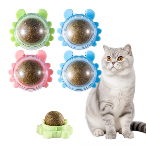4 Packs Catnip Ball for Cats, Lickable Cat Toys Wall Mount with 360° Rolling & Spinning, Organic Cat Nip Chew Toys for Teeth Cleaning, Mint Magic Catnip Ball Toy for Indoor Cats