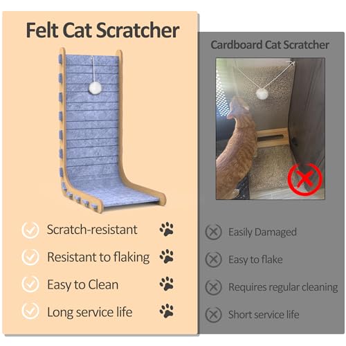 Felt Cat Scratcher for Indoor Cats, 26.8 Inches L Shape Scratching Board Vertical Cat Scratch Post with Fluffy Ball Hanging, Scratch Resistant Felt Cat Scratching Pad, Blue