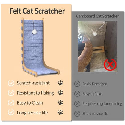 Felt Cat Scratcher for Indoor Cats, 26.8 Inches L Shape Scratching Board Vertical Cat Scratch Post with Fluffy Ball Hanging, Scratch Resistant Felt Cat Scratching Pad, Blue