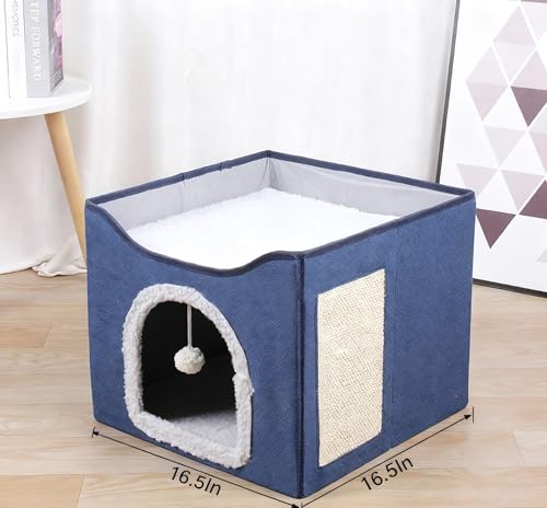Modern Indoor Cat House Cube with Scratching Post and Play Ball, Easy to fold, disassemble, and Clean，Compact Pet Apartment for Small Cats (Navy Blue) - color: navy blue