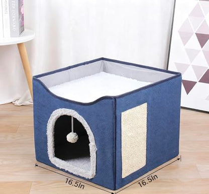 Modern Indoor Cat House Cube with Scratching Post and Play Ball, Easy to fold, disassemble, and Clean，Compact Pet Apartment for Small Cats (Navy Blue) - color: navy blue