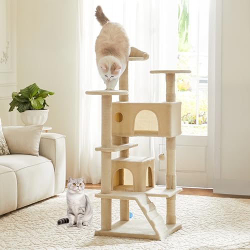 DUMOS 54-inch Indoor Cat Tree Tower –Multi-Level Pet House for Large Cats with 2 Condos, Scratching Posts, Round Platform, Small Ladder, and Toys, Beige - color: Beige, size: 54 Inch