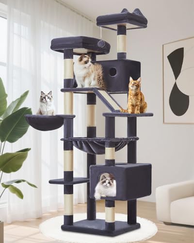 Taoqimiao Cat Tree 71-Inch, Cat Tower for Indoor Cats Large Adult, Multi-Level Large Cat Condo, 8 Sisal Scratching Posts, Metal Frame Cozy Hammock, Scratch Board, 2 Top Perches, Smoky Gray MS026LG - color: Smoky Gray, size: 71 Inches