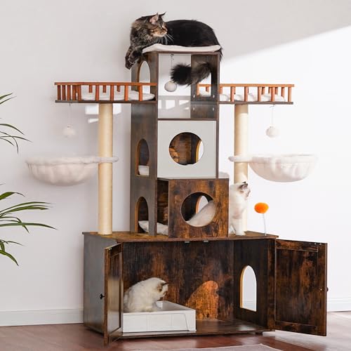 Heybly Cat Tree with Litter Box Enclosure for Indoor Big Cat, Cat Tower for Large Cats 20lbs Heavy Duty, Modern Cat Condo Furniture with Scratching Posts, Rustic Brown HCT110SR - color: Rustic Brown