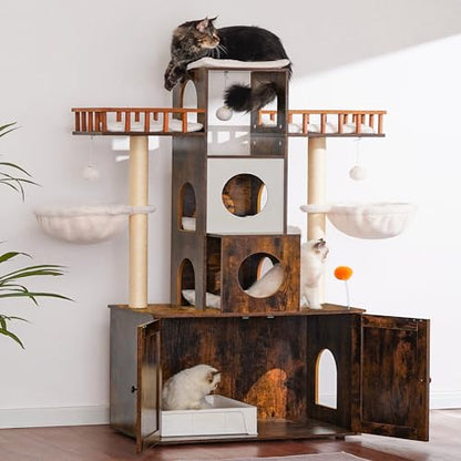 Heybly Cat Tree with Litter Box Enclosure for Indoor Big Cat, Cat Tower for Large Cats 20lbs Heavy Duty, Modern Cat Condo Furniture with Scratching Posts, Rustic Brown HCT110SR - color: Rustic Brown