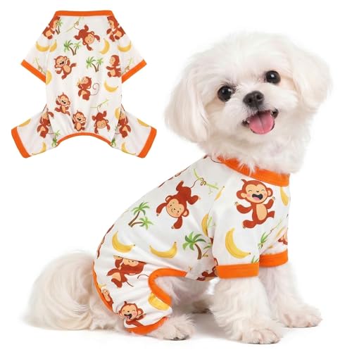 Dog Pajamas for Small Dogs - Soft Cotton 4-Leg Puppy PJs, Stretchable Breathable Pet Onesie Jumpsuit Sleepwear for Yorkie, Chihuahua, Toy Poodle & Tiny Breeds (Orange Monkey,M) - color: Orange Monkey, size: Medium (Chest 15in)