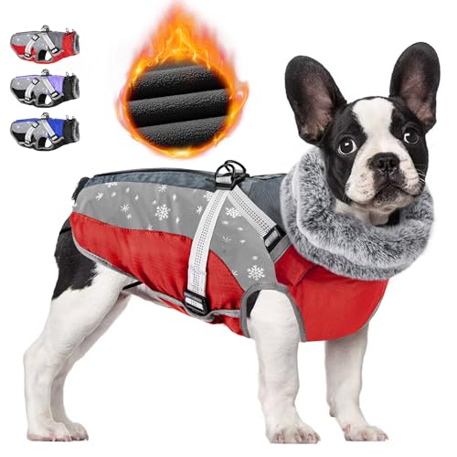 SlowTon Dog Jacket with Harness Built in - Waterproof Fleece Winter Warm Dog Coats for Small Medium Dogs, Reflective Adjustable Furry Puppy Vest Clothes for Outdoor Walking (Red & Black,M) - color: Red & Gray, size: Medium (Chest 18.0"-21.0")