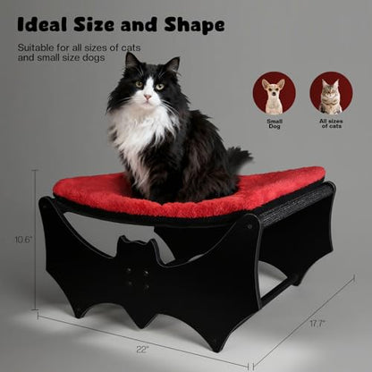 Gothic Cat Bed with Bat Design, Wooden Elevated Cat Beds with Sisal Scratching Mat, Cats Scratcher Bed with Removable Fluffy Cushion, Raised Pet Bed for Large Cats, 22" L x 17.7" W, Black - color: Gothic Black (Bat)
