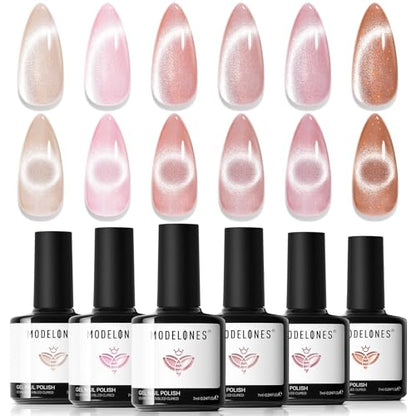 modelones Cat Eye Gel Nail Polish, 6 Colors Nude Gel Polish Pink Glitter Brown with Magnet Sparkle Galaxy Series Nail Polish Kit Soak Off Led Nail Art Manicure Salon DIY Gifts - color: A-0 Nude Pink Honey