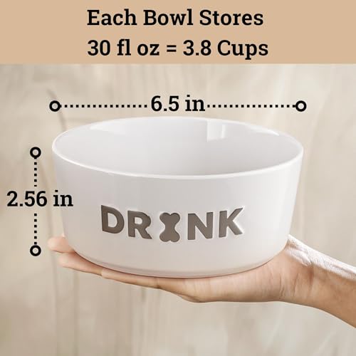 Ceramic Dog Bowl Set of 2 with Anti-Skid Base - 6.5" Wide x 2.5" Tall Ceramic Dog Bowls Medium Sized Dogs - 3.8 Cup Capacity Food and Water Bowls for Dogs - Rubber Bottom Pet Bowl Set of 2 Medium Size - color: Gray, size: Medium