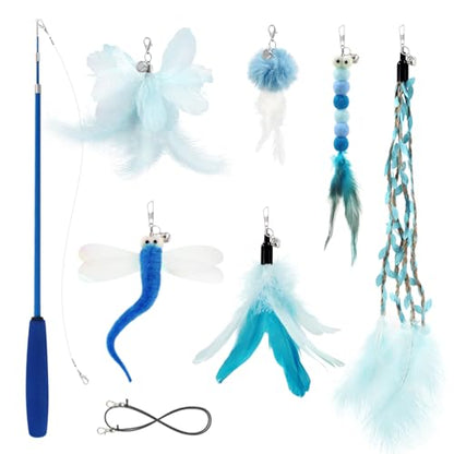 Cat Wand Toys for Indoor Cats - Cat Toy Set with Retractable Teaser Wand and 6 PCS Fairy Feather Toy Refills, Dragonfly Tassel Plush Cat Toys Interactive, Blue - color: Blue