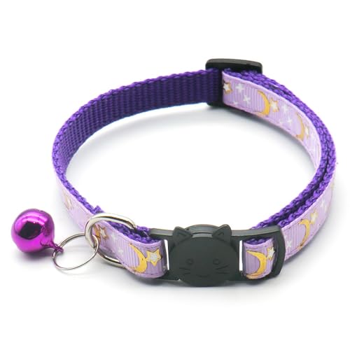 Reflective Cat Collars with Bell 2-Pack Girl Boy Pet Kitten Collar with Star Moon Patetrn Adjustable 7.5-12.5 Inch (Purple) - color: Purple
