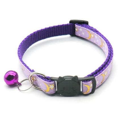 Reflective Cat Collars with Bell 2-Pack Girl Boy Pet Kitten Collar with Star Moon Patetrn Adjustable 7.5-12.5 Inch (Purple) - color: Purple