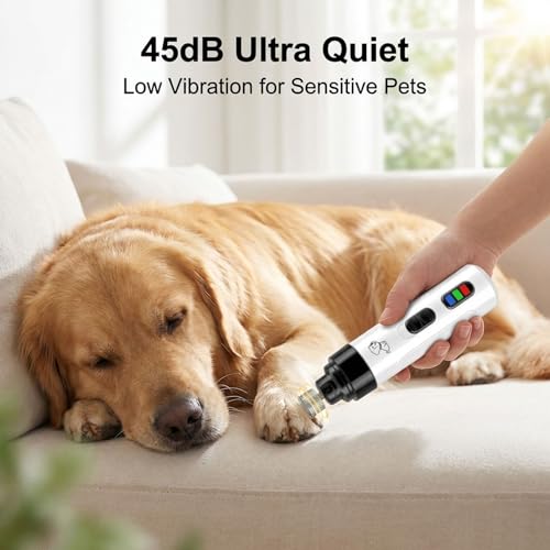 Upgraded Dog Nail Grinder Quiet, Professional Cat & Dog Nail Trimmers, 2-Speed Silent Pet Nail Grinder and Painless Paws Grooming, Suitable for Small Medium Pets (2 Replacement Head)