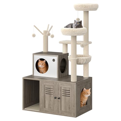 Garvee Cat Litter Box Enclosure with Tree Tower and Condo, Hidden Pet Washroom Furniture with Sisal Scratching Post,Hammocks and Soft Plush Perch, Wooden Cat Furniture with Multiple Platforms,Grey - color: Rustic Grey