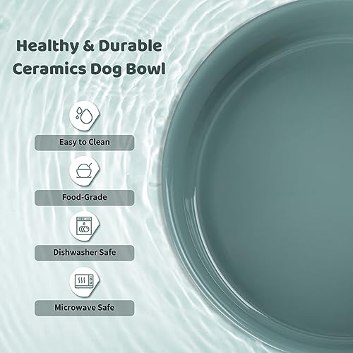 SPUNKYJUNKY Ceramics Elevated Dog Feeding Stand with Wooden Base - Double 60oz Bowls for Medium Large Dogs (Dark Green) - color: Dark Green (Double Bowls Set), size: Large - 7.6 CUPS