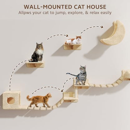 13-in-1 Cat Wall Shelves, Wall Mounted Cats Furniture Set with Plush Fabric, Cat Climbing Wall Systems, Cats Shelf with Moon Hammock, Condo, House, Step, Bridge Ladder, Scratching Post, Beige - color: Beige, size: 13-in-1