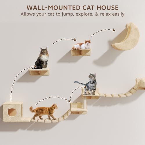 13-in-1 Cat Wall Shelves, Wall Mounted Cats Furniture Set with Plush Fabric, Cat Climbing Wall Systems, Cats Shelf with Moon Hammock, Condo, House, Step, Bridge Ladder, Scratching Post, Beige - color: Beige, size: 13-in-1