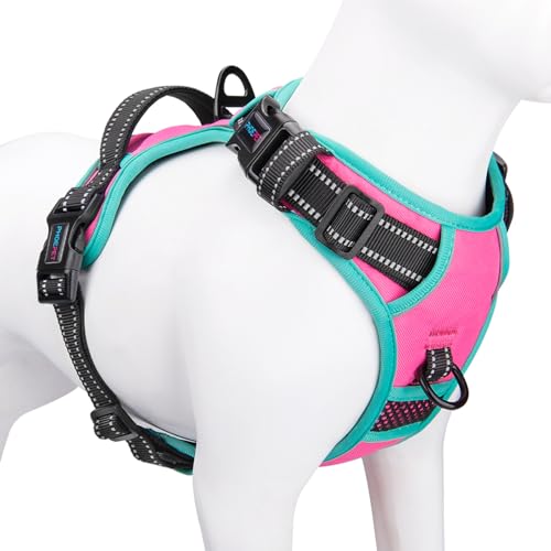 PHOEPET 2019 Upgraded No Pull Dog Harness, Reflective Adjustable Vest, with a Training Handle + 2 Metal Leash Hooks+ 3 Snap Buckles +4 Slide Buckles(L, Pink) - color: Pink, size: Large