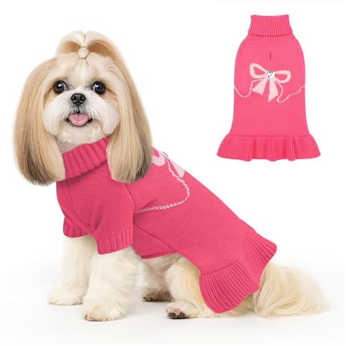 Valentines Bowknot Dog Sweater Dress for Small Dogs Girl, Stretchy Pet Sweaters Pullover Coats, Winter Warm Dog Turtleneck Sweater for Chihuahua Yorkie (Pink, M) - color: Pink, size: Medium (9-15lbs)