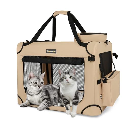 Extra Large Cat Carrier for 2 Cats Collapsible Soft Pet XL Crate for Large/Medium Cats 20lbs Car Travel Portable Bag with Water Bottle Slot For Long Trips (Beige, 24.0"L x 16.5"W x 16.5"H) - color: Beige, size: 24.0"L x 16.5"W x 16.5"H