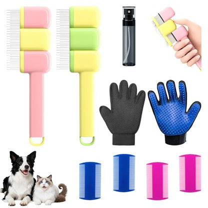 9 PCS Pet Grooming Brush Set,Self Cleaning Pet Hair Removal Comb,Pet Hair Remover Gloves,Spray Bottle, Lice Flea Combs, Pet Grooming Supplies,Essential Bathing,Brushing & Shedding Tool for Cats & Dogs