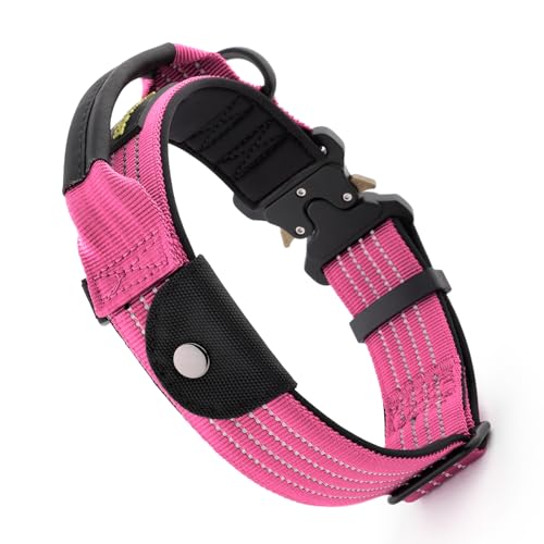 Plutus Pet Tactical Dog Collar with Tracker Pocket for AirTag, Adjustable Reflective Nylon Collar, Metal Buckle, Leather-Wrapped Handle, Soft Padded for Medium Large Dogs (Pink, M) - color: Pink, size: M