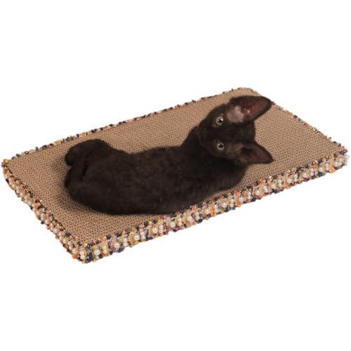 Navy Blue Cat Scratch Pad, Stylish Boho Lace with Pearl Large Cardboard Cat Scratcher, Cat Scratchers for Indoor Cats, Durable Cat Scratching Board, Horizontal Scratch Pad for Cats - color: Navy Blue