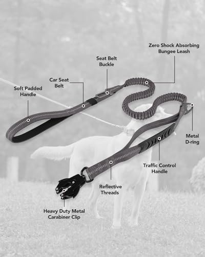 Joytale Tactical Dog Leash Heavy Duty, 4-6FT Shock Absorbing Bungee Lead with 2 Padded Handle, Metal Carabiner Clip, Car Seatbelt, Strong No Pull Leash for Medium Large X-Large Dogs, Gray - color: Gray