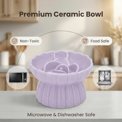 Ceramic Cat Slow Feeder, Raised Slow Feeder Cat Bowl, Anti Vomiting and Whisker Friendly Kitty Dish, Elevated Puppy Kitten Food Bowl for Dry and Wet Food (Purple) - color: Purple