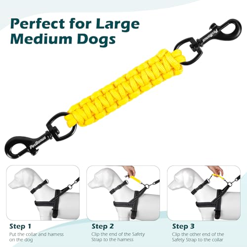 Dog Collar Safety Clip, Handmade Backup Safety Strap for Dog Harness, Prong, Pinch Collar, Double Ended Clasp Leash Connector (Yellow) - color: Yellow