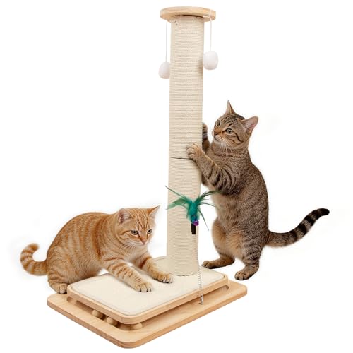 2-in-1 Cat Scratching Post and Pad, 28" Natural Sisal Cat Scratcher for Indoor Cats, Solid Wood Base with Interactive Spring Toy & Dangling Ball, Space-Saving for Indoor Adults Cats - size: 28 inches