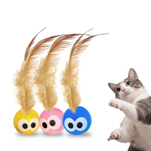 Bouncy Tails 3-Pack Cat Ball Toy with Natural Feathers, Interactive Cat Toys for Bored Indoor Adult Cats, Feather Cat Toy for Indoor Cats and Playful Kittens