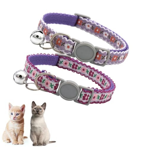 2 Pack Cat Collar with Bells, Purple Flower Collars for Cats Breakaway Safety Buckle Girl Kitten Collars with Bells Cute Fancy Boy Female for XXS XS Tiny Little Puppy Pet Dogs,Neck 7-12 Inch - color: Purple