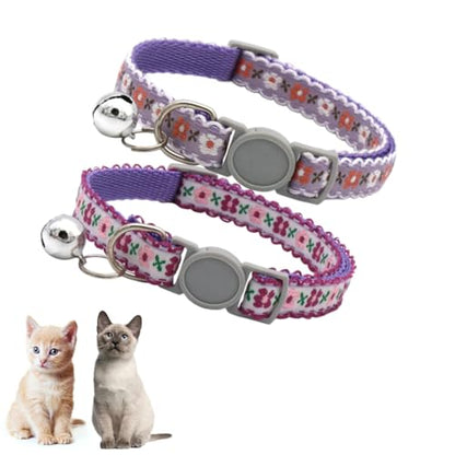 2 Pack Cat Collar with Bells, Purple Flower Collars for Cats Breakaway Safety Buckle Girl Kitten Collars with Bells Cute Fancy Boy Female for XXS XS Tiny Little Puppy Pet Dogs,Neck 7-12 Inch - color: Purple
