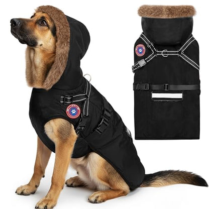 PAWNISAW Dog Winter Coat with Harness Built in, Warm Thick Plush Hooded Dog Snow Jacket for Cold Weather, Windproof Reflective Pet Clothes Outfit for Small, Medium, Large, XL & XXL Dogs Outdoor - color: Black