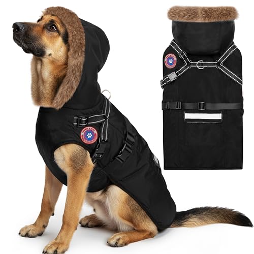 PAWNISAW Dog Winter Coat with Harness Built in, Warm Thick Plush Hooded Dog Snow Jacket for Cold Weather, Windproof Reflective Pet Clothes Outfit for Small, Medium, Large, XL & XXL Dogs Outdoor - color: Black
