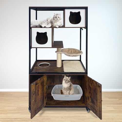 GarveeHome Cat Tree with Litter Box Enclosure 57.5 in H Wooden Cat Tower Cabinet with Wheels Dog Proof Corner Hidden Litter Box with Condo, Hammock and Scratching Post Retro Brown