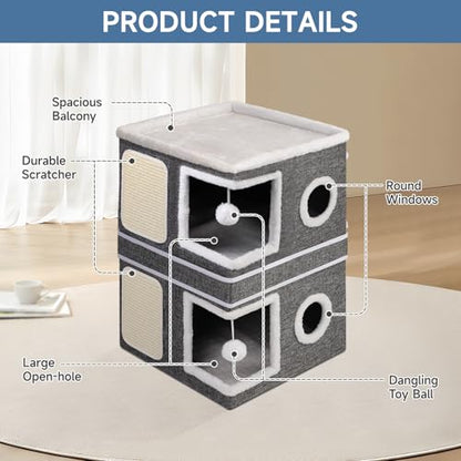 Shikha 2-Storey Cat Houses for Indoor Cats, Dual-Purpose Double Large Cat Beds Cave with Hideaway Condos, Scratch Pads, Fluffy Balls, Foldable Indoor Cat Cube House for Multi Small Pets Kitten, Grey - style: Grey