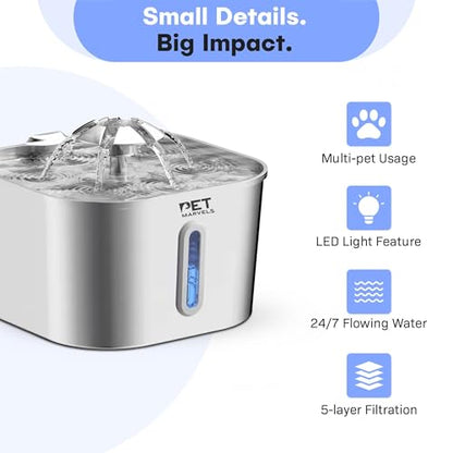 Stainless Steel Cat Water Fountain – 2.2L/74oz Ultra-Quiet Pump, Visible Water Level, Dual Flow Modes – Automatic Pet Water Dispenser for Cats & Small Dogs - color: Silver