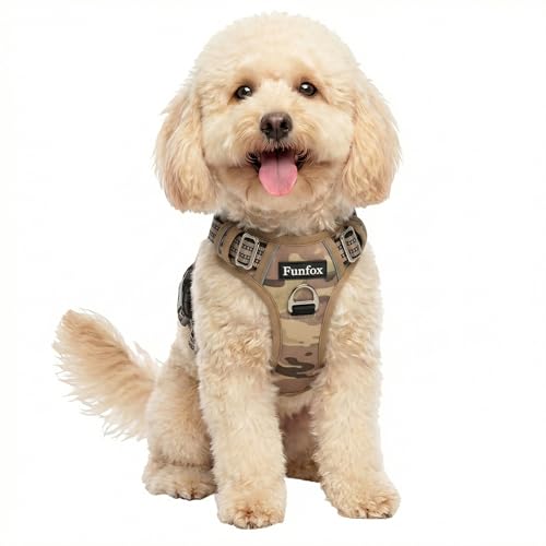 Funfox Dog Harness No Pull, Adjustable Pet Vest Harness, Super Soft Material with Vertical Handle Easy Control, Reflective Night Walking, 2 Leash Clips for Small Sized Dogs, Camo Brown, S - color: Camo Brown, size: Small