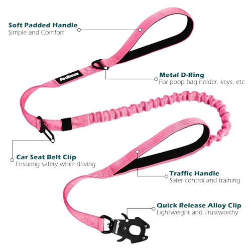 Heavy Duty Tactical Dog Leash, 5 FT Bungee Shock Absorption Leash with 2 Padded Handles, Quick Release Metal Clip, Car Seatbelt, No Pull Training Lead for Large Medium Dogs（Pink） - color: Pink