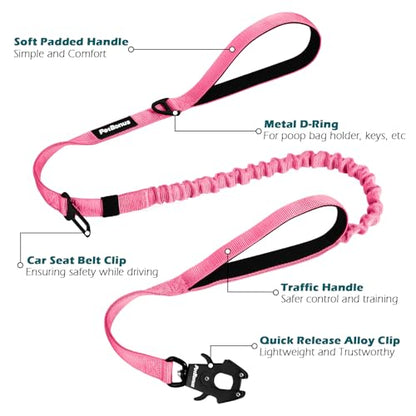 Heavy Duty Tactical Dog Leash, 5 FT Bungee Shock Absorption Leash with 2 Padded Handles, Quick Release Metal Clip, Car Seatbelt, No Pull Training Lead for Large Medium Dogs（Pink） - color: Pink