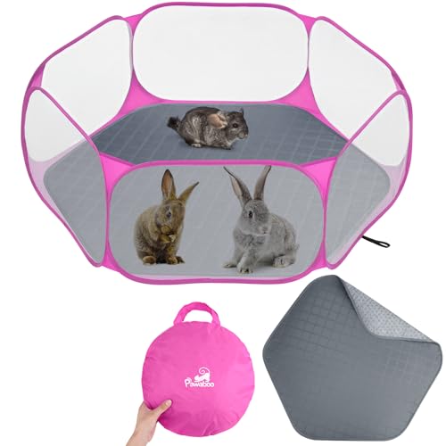 Pawaboo Small Animals Playpen with Pad, Waterproof Small Pet Cage Tent with Reusable Pad, Portable Outdoor Yard Fence for Chick/Kitten/Puppy/Guinea Pig/Rabbits/Chinchillas, Pink + Gray - color: Pink + Gray