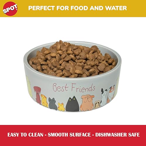 SPOT Best Friends Pet Food Dish - Food or Water Ceramic Bowl for Pets, Ideal for Medium & Large Dogs, Dishwasher Safe, 5 Cups (40oz) Capacity - 7in, Light Grey - size: 7 inch