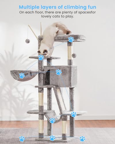 Hey-brother Cat Tree, 53 inch Cat Tower for Indoor Cats, Cat House with Padded Platform Bed, Toy Balls, Large Cozy Condo, Hammocks and Sisal Scratching Posts, Light Gray MPJ019-SW - color: Light Gray