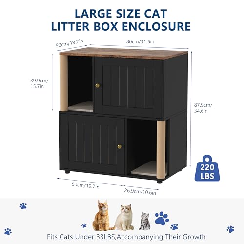 Garvee Cat Litter Box Enclosure for 2 Cats, Double Hidden Litter Box Furniture Cabinet with 2 Scratch Mat and Scratch Post, Modern Farmhouse Wooden Enclosed Cat Washroom, End Side Table