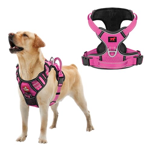 Tuff Pupper No Pull Easy Walk Dog Harness | Heavy Duty Pet Vest | Front & Back Leash Clips | Strong Safety Handle | Reflective Anti Pull Vest | Comfortable Padded Escape Proof Harness (Large, Pink) - color: Hot Pink, size: Large (Neck: 18-26" , Chest: 21-